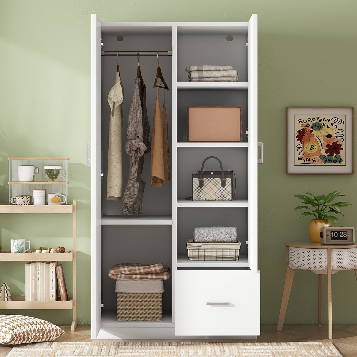 Double Wardrobe with Hanging Rod and Shelves White