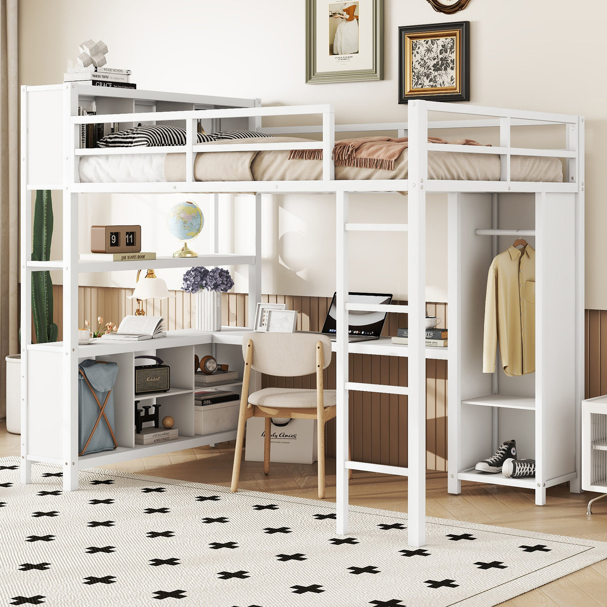 Full Loft Bed with Wardrobe and Shelf White