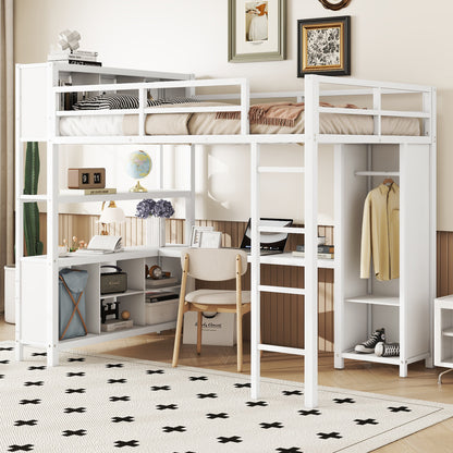 Full Loft Bed with Wardrobe and Shelf White