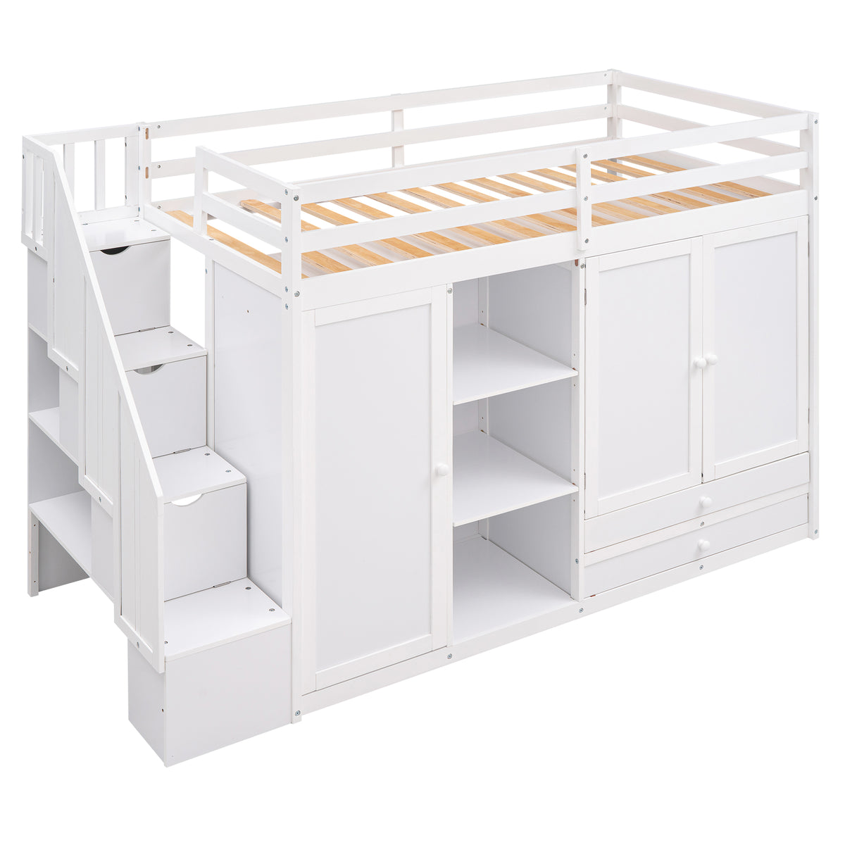 White Loft Bed with Storage and Ladder