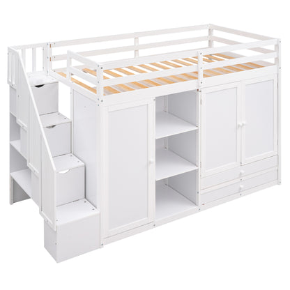 White Loft Bed with Storage and Ladder