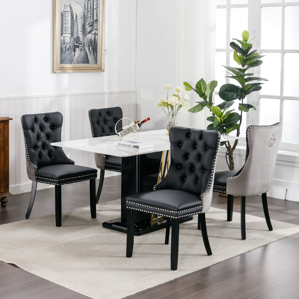 Tufted PU Dining Chairs Set of 2 Black Gray