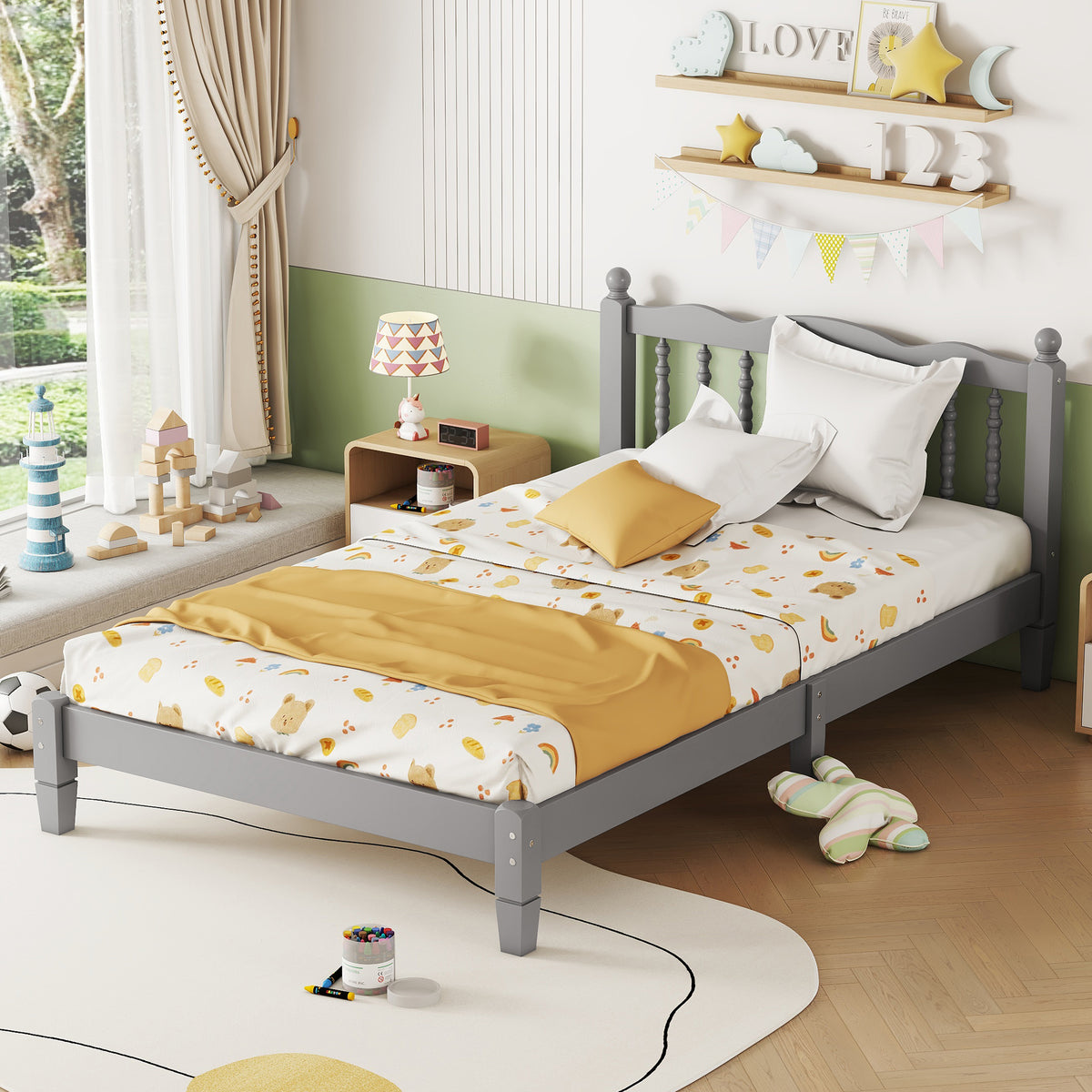 Twin Platform Bed with Slatted Headboard Gray
