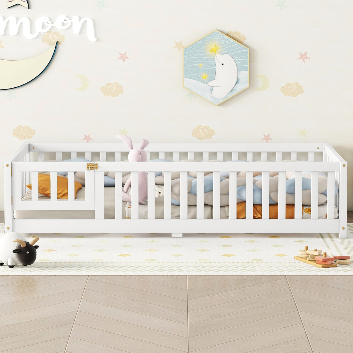 Twin Floor Bed with Guardrails White