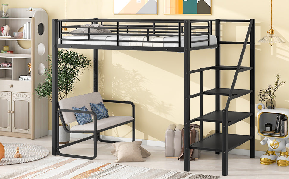 Twin Metal Loft Bed with Storage Black