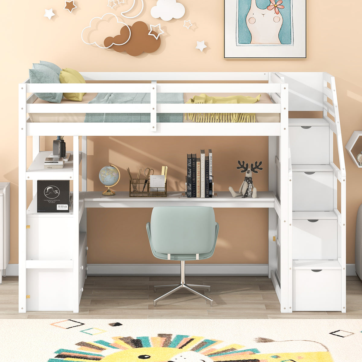 Twin Loft Bed with Storage Staircase White