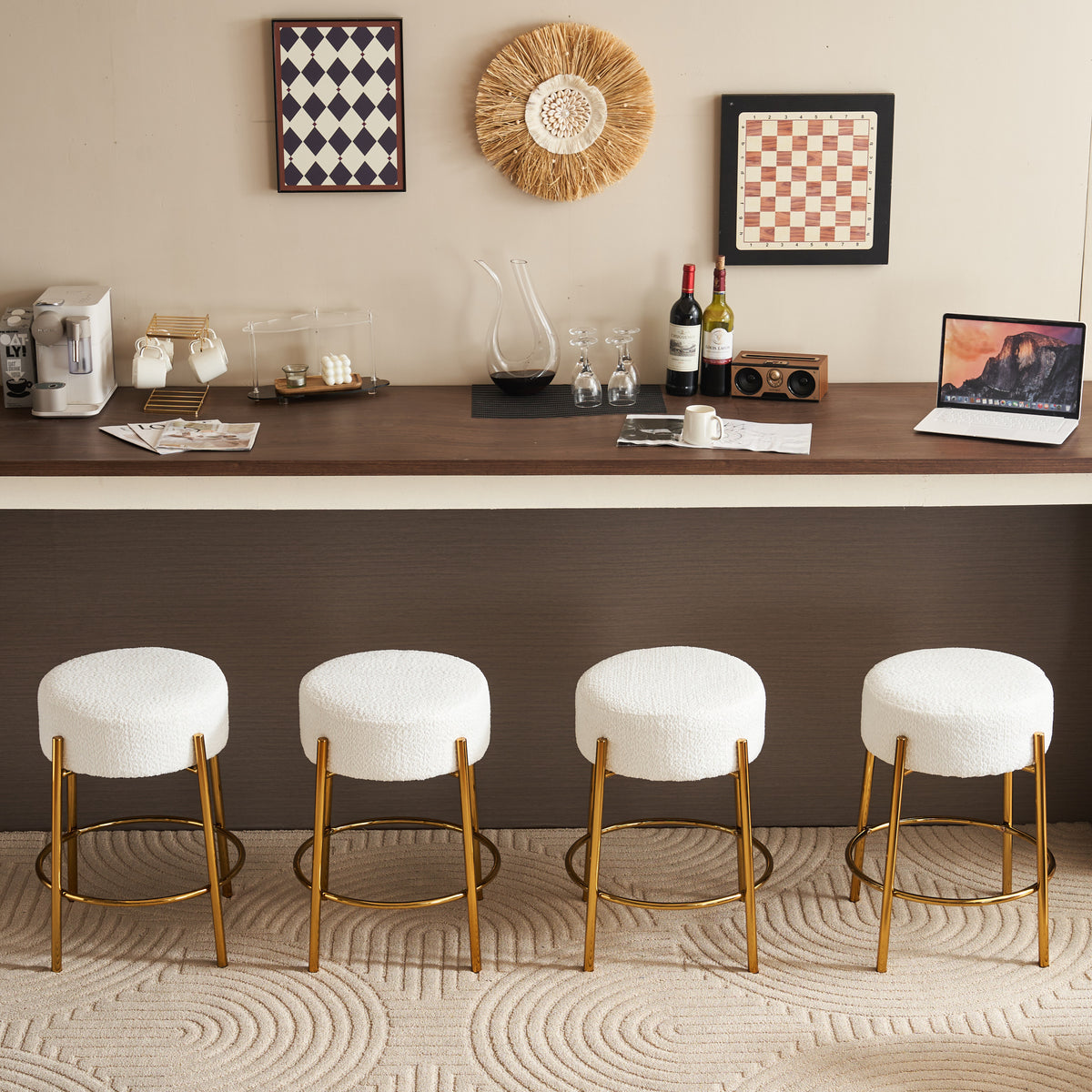 Beige Upholstered Round Bar Stool Set of 2 – 24" Height Modern Wood Finish with Foam Cushion