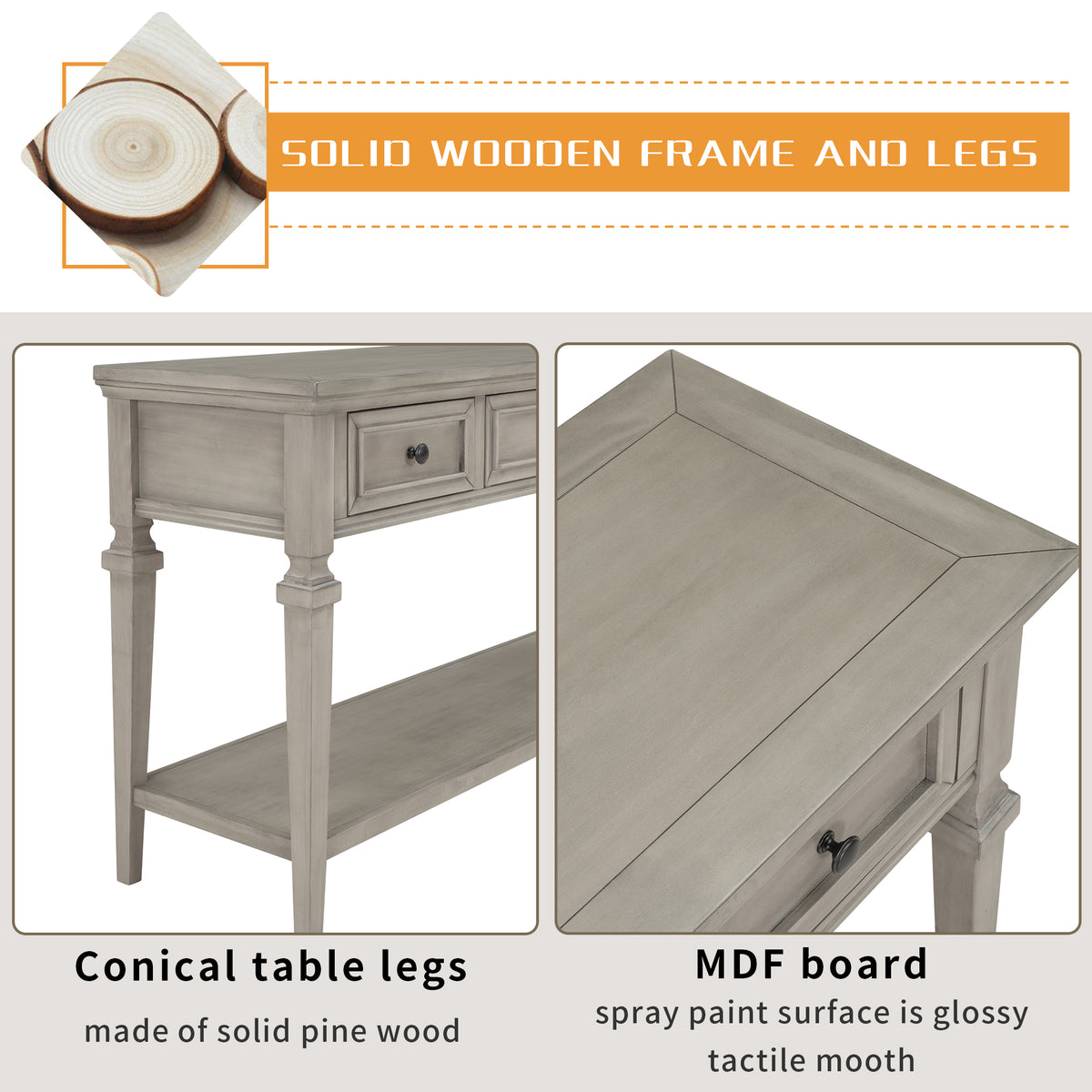 Gray Wood Console Table with Drawers