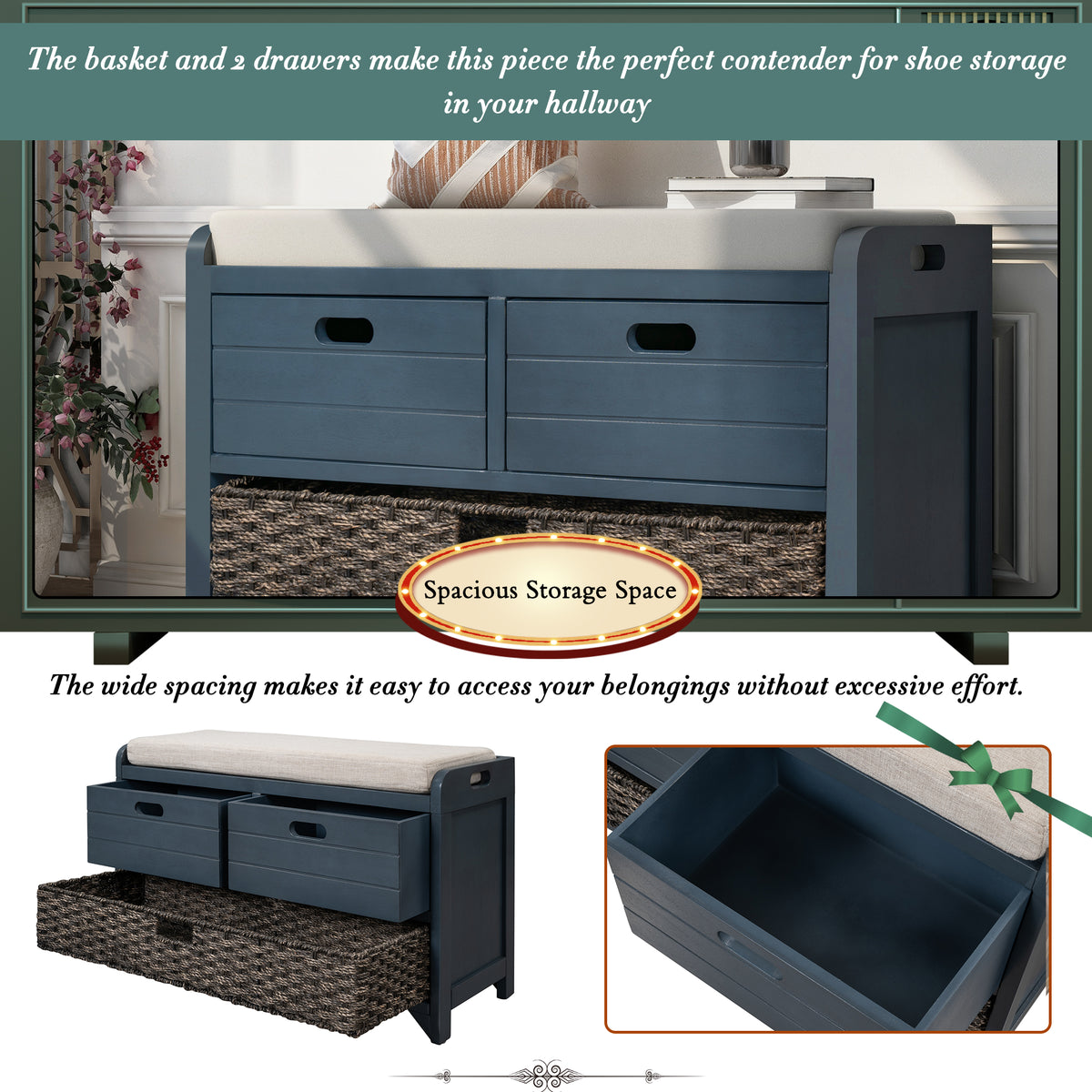 Navy Storage Bench with Rattan Basket