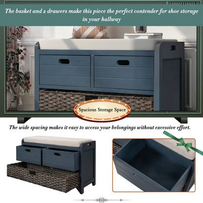 Navy Storage Bench with Rattan Basket