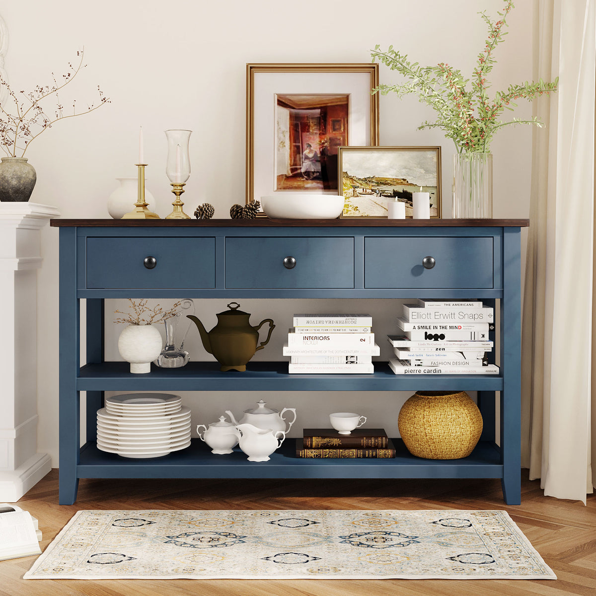 Retro Console Table with Shelves Navy Espresso