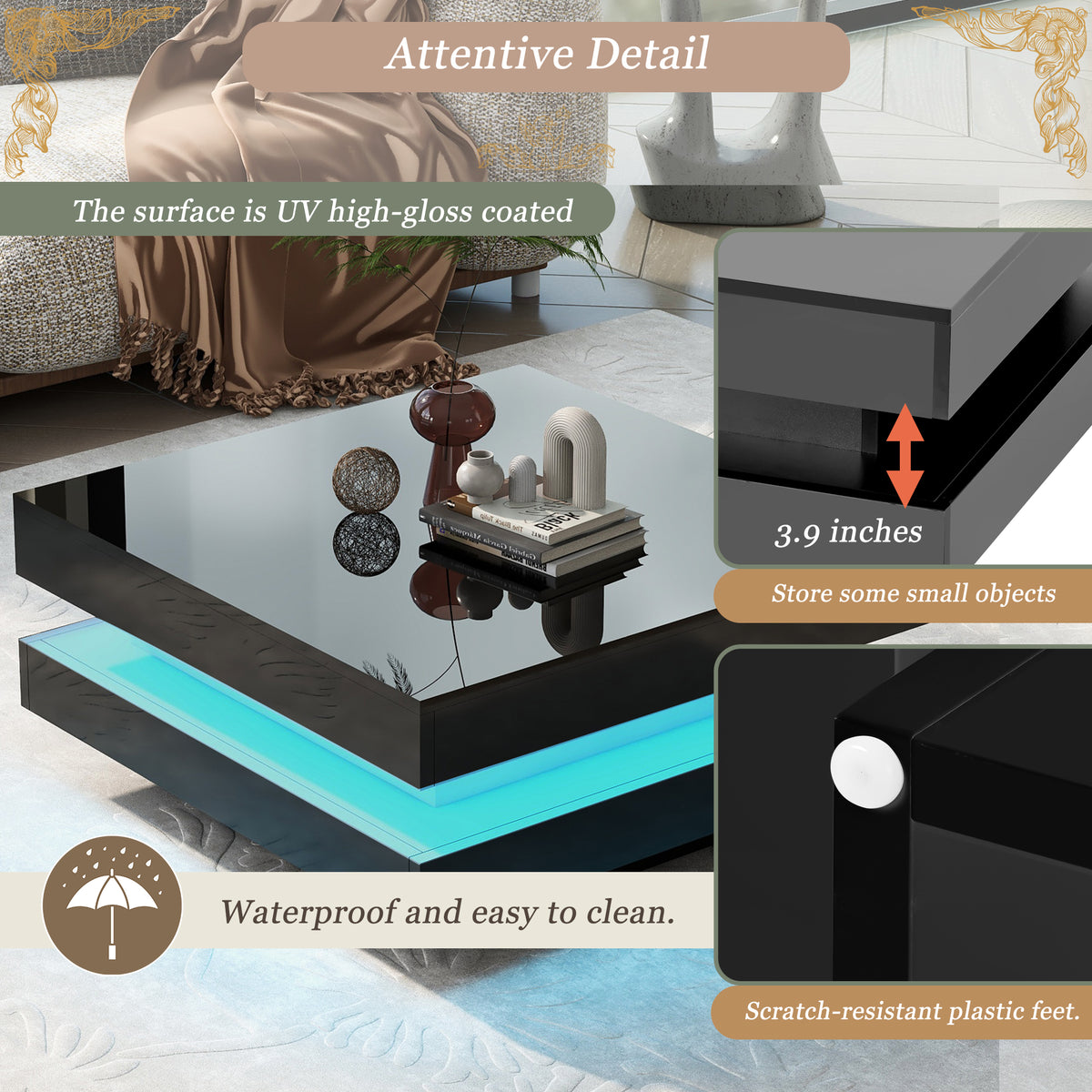 High Gloss Coffee Table with LED Lights Black