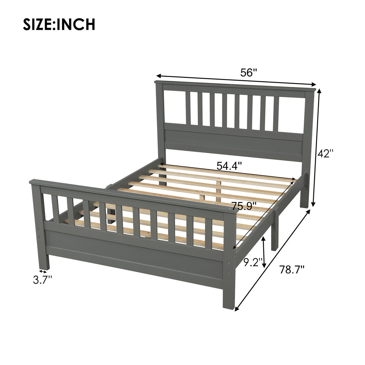 Wooden Platform Bed with Footboard Gray