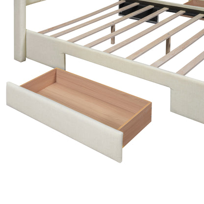Upholstered Platform Bed with Drawers Beige