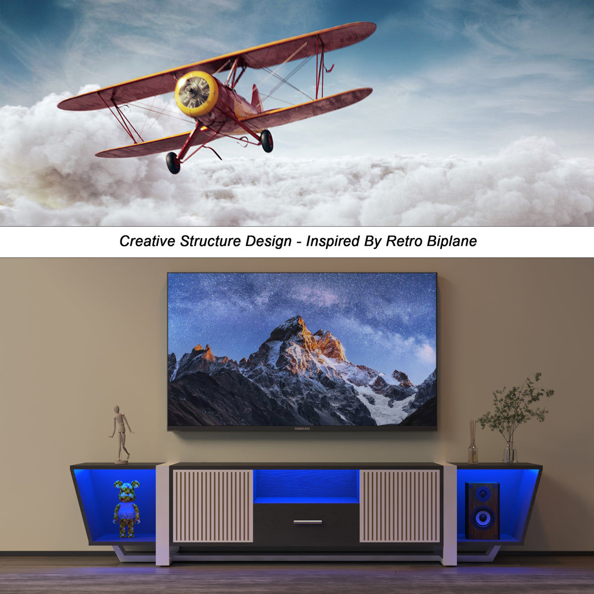 LED TV Console with Storage Cabinet Black