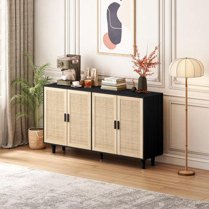 62-Inch Black Rattan 4-Door Storage Cabinet