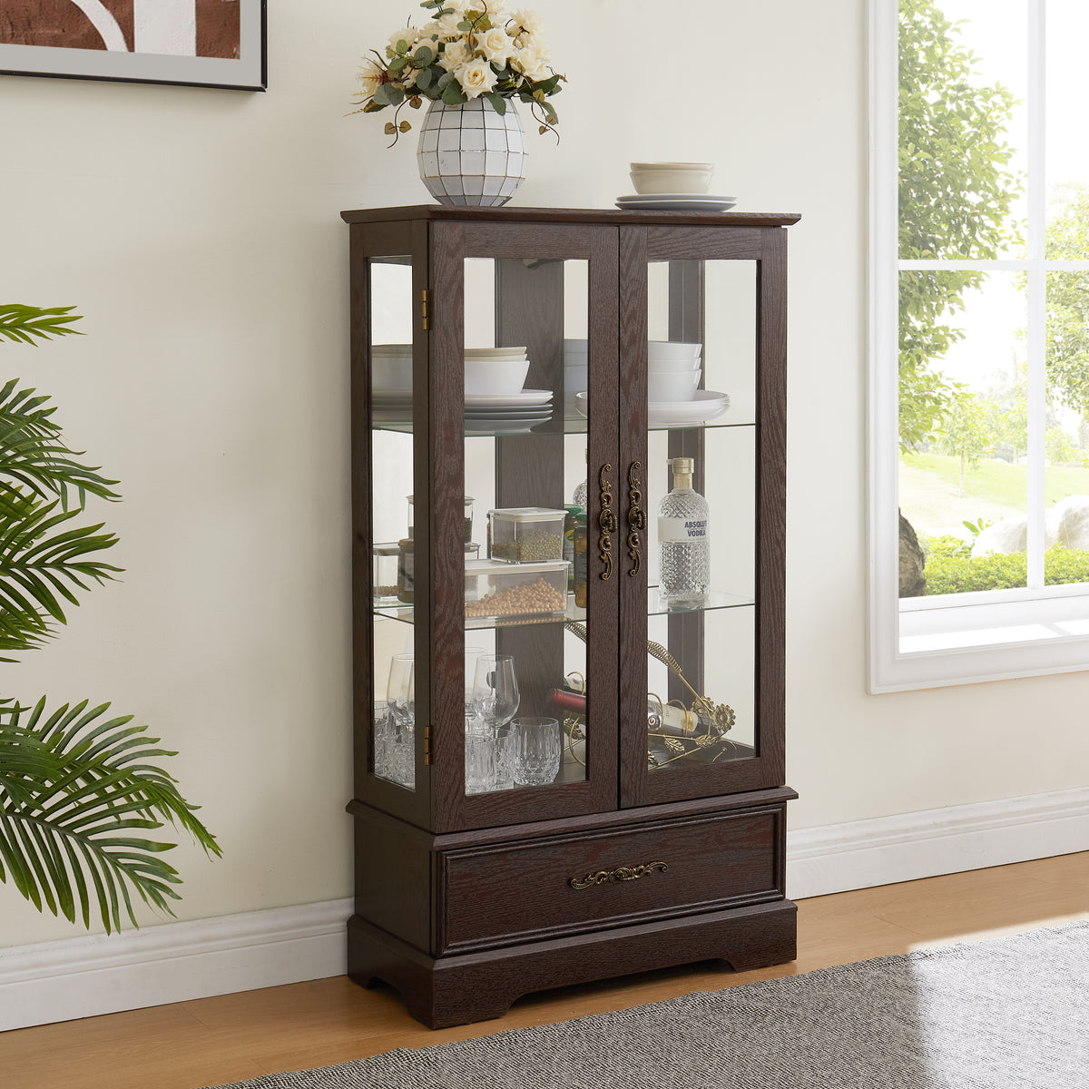 Light Oak Display Cabinet with Glass Frame and Drawer