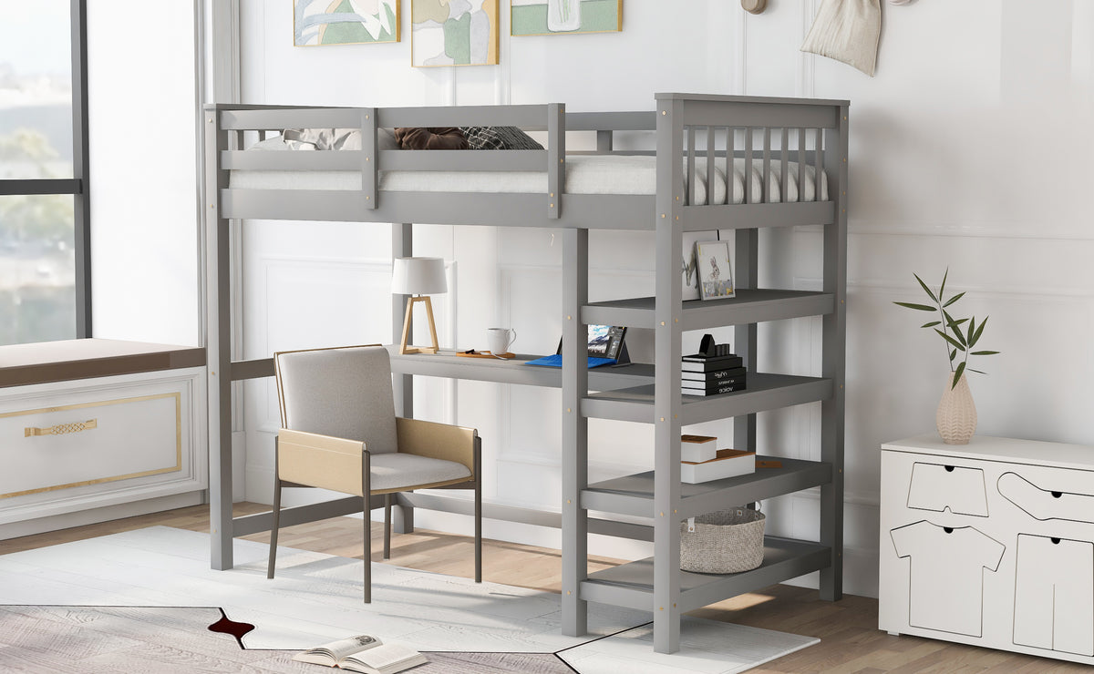 Twin Loft Bed with Storage Gray