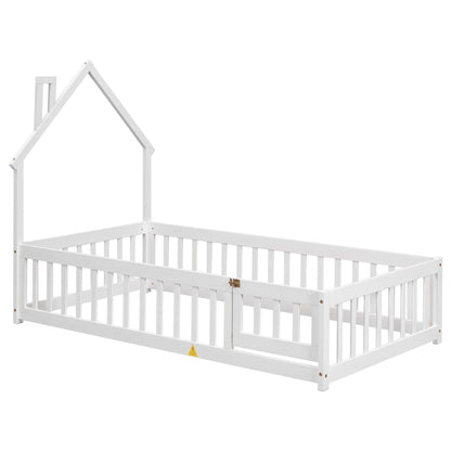 Twin Floor Bed with Fence – White Finish