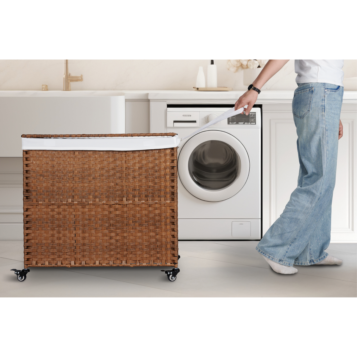 Brown Laundry Hamper with Lid and Wheels