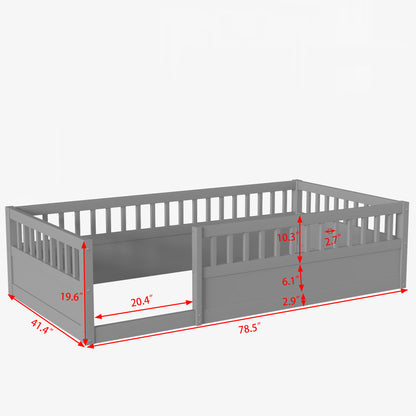 Gray Kids Floor Bed Frame with Fence