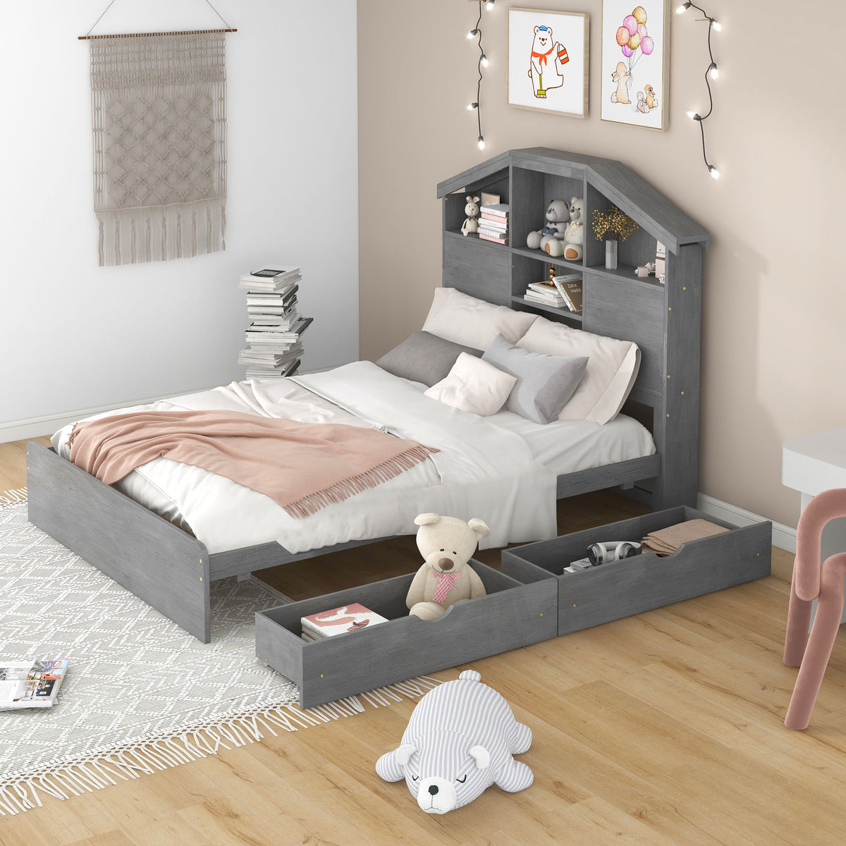 Full Platform Bed with Storage Headboard Gray