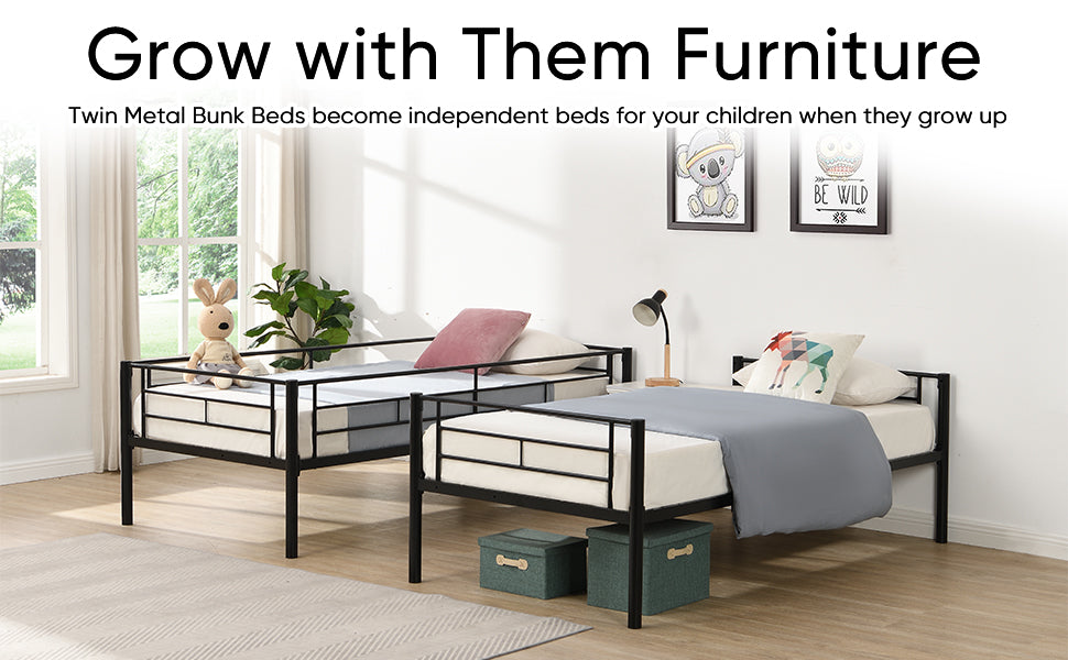 Full Metal Bunk Bed with Guardrails Black