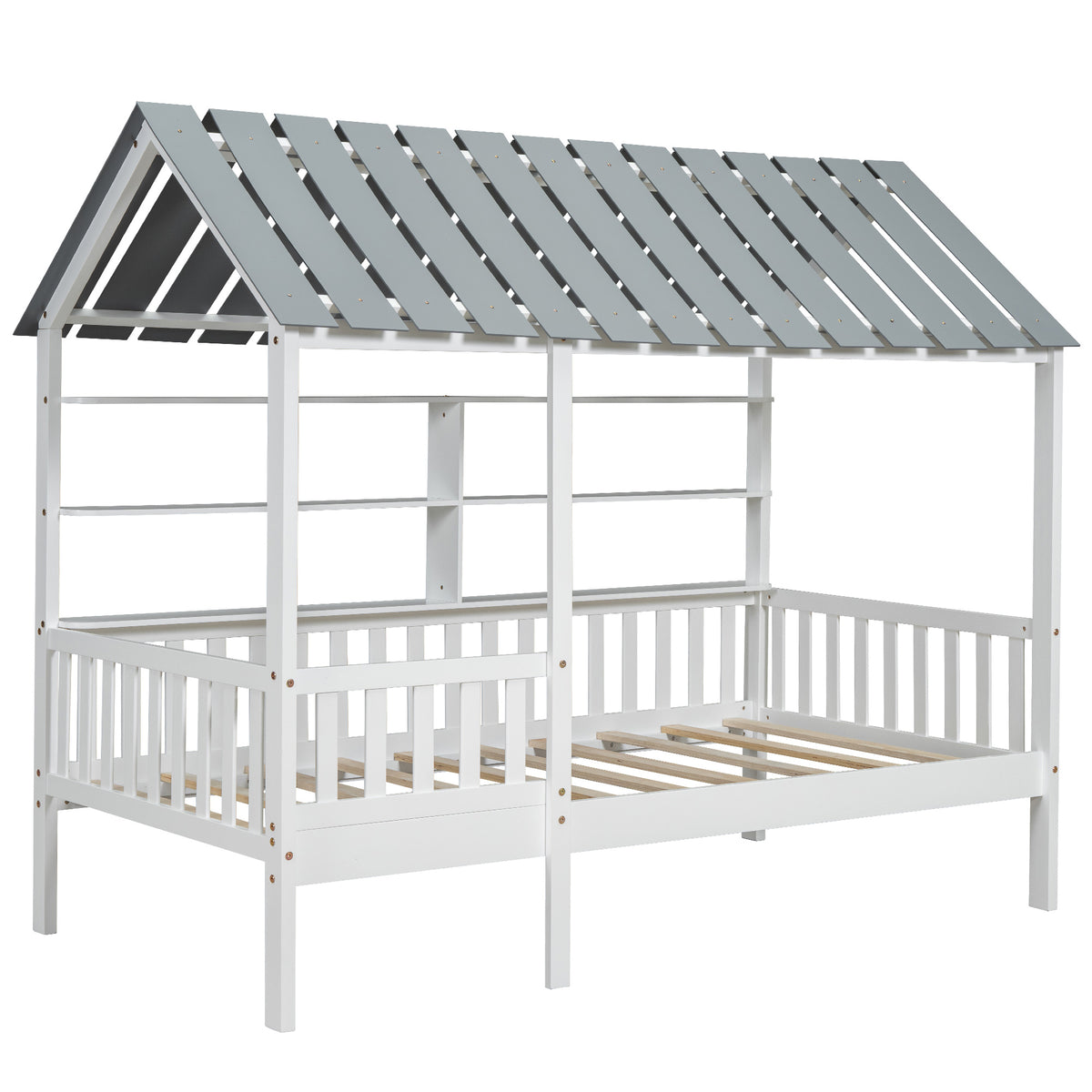 House Bed with Roof and Guardrails White
