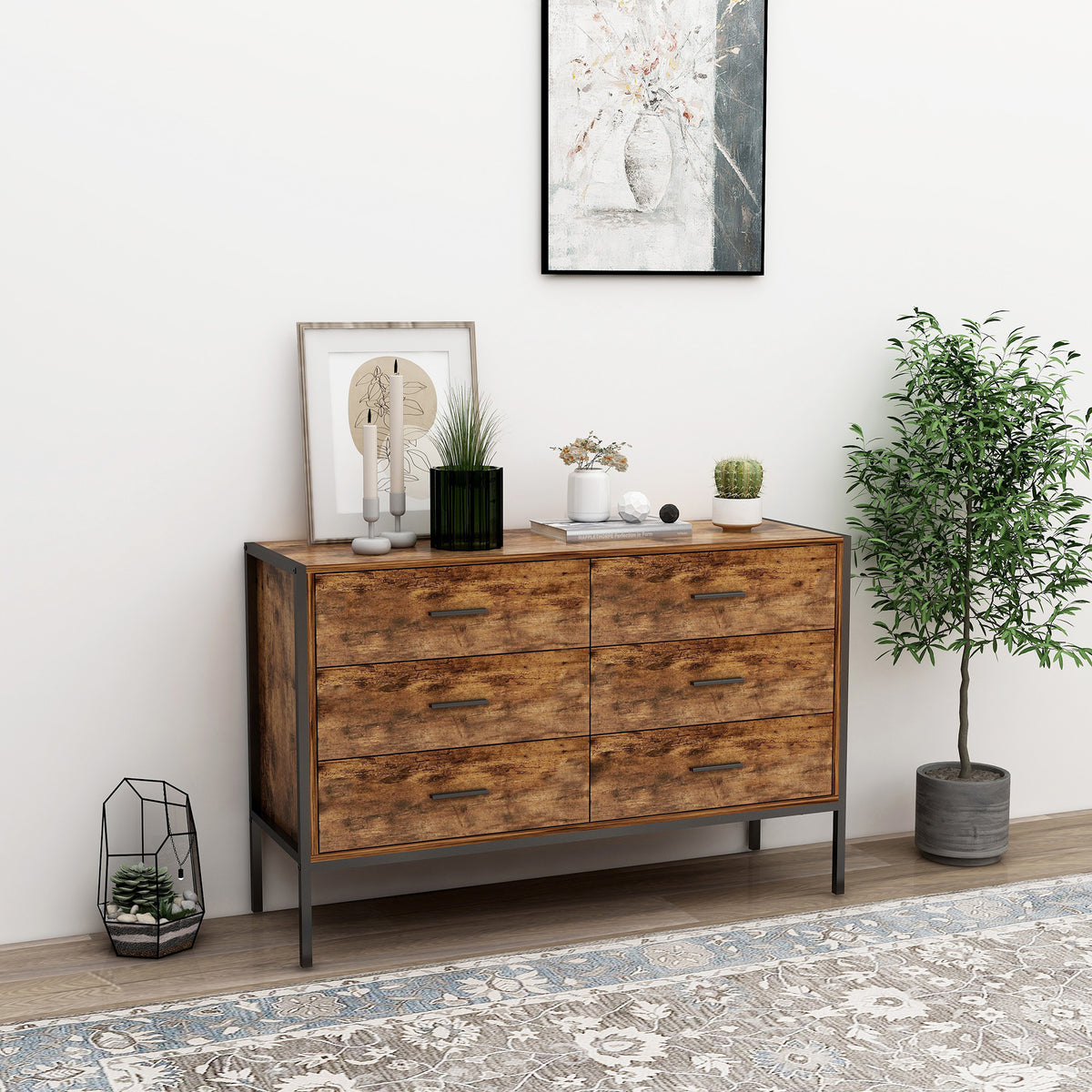 Industrial 6-Drawer Dresser with Steel Frame