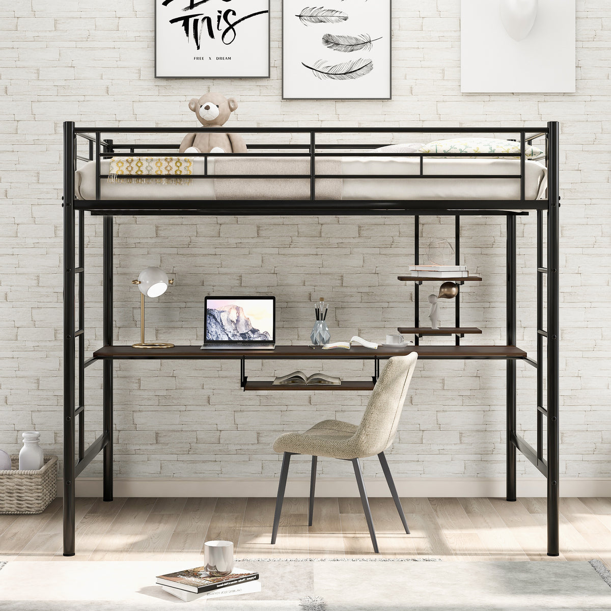 Loft Bed with Desk and Shelf Black