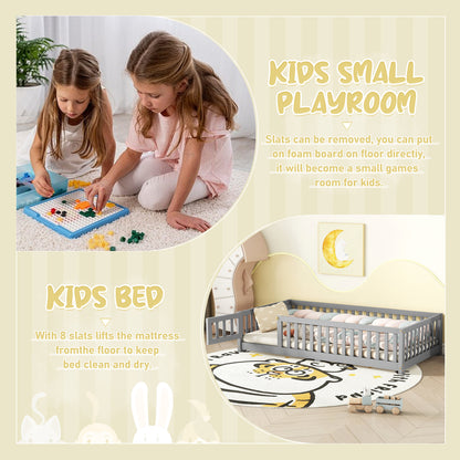 Twin Kids Bed Frame with Safety Rails – Gray