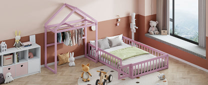 Full Wood Children’s Bed with Clothes Rack Pink
