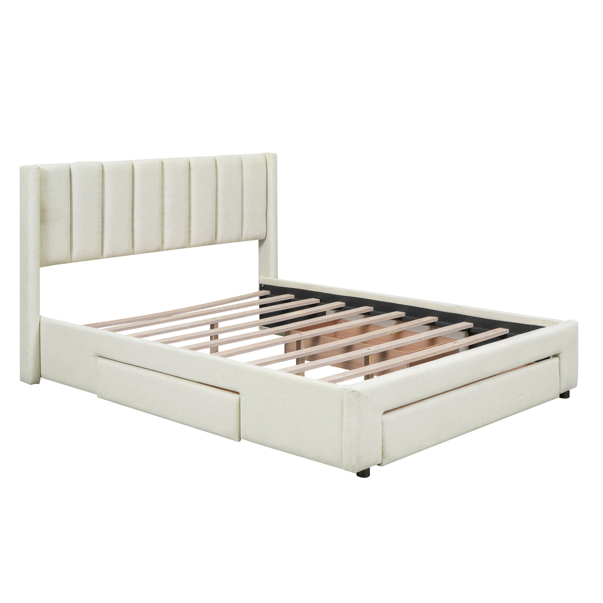 Upholstered Platform Bed with Drawers Beige