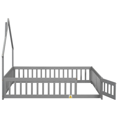 House Frame Bed with Fence Gray