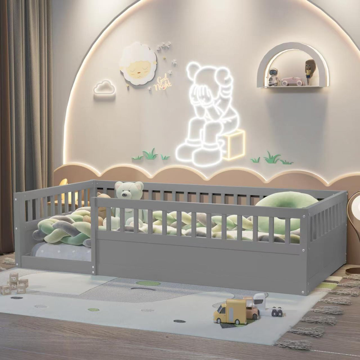 Gray Kids Floor Bed Frame with Fence