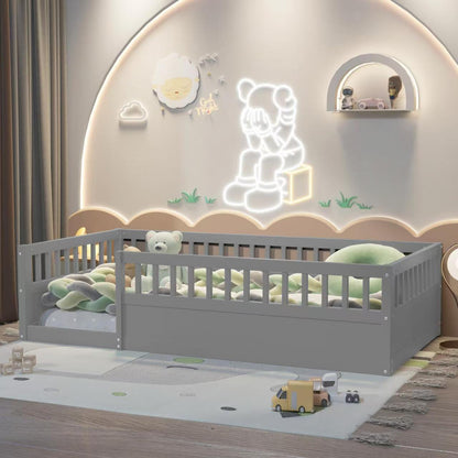 Gray Kids Floor Bed Frame with Fence