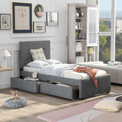 Linen Platform Bed with Headboard Twin