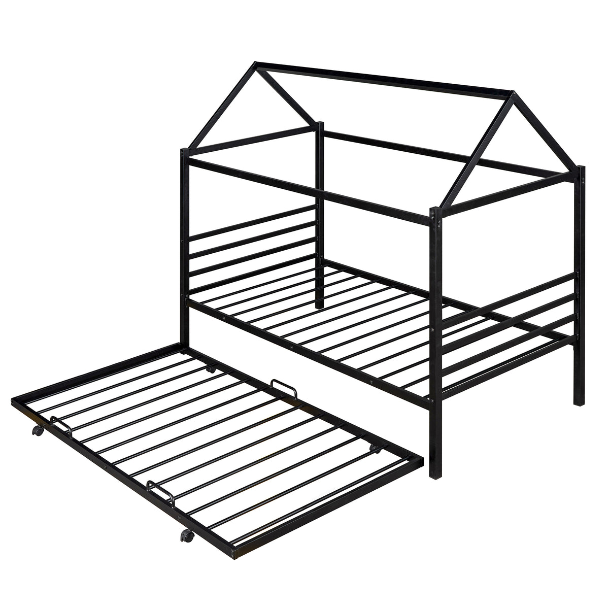 Metal House Platform Bed with Trundle Black