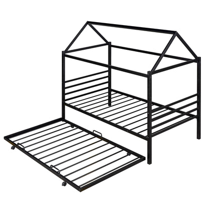Metal House Platform Bed with Trundle Black