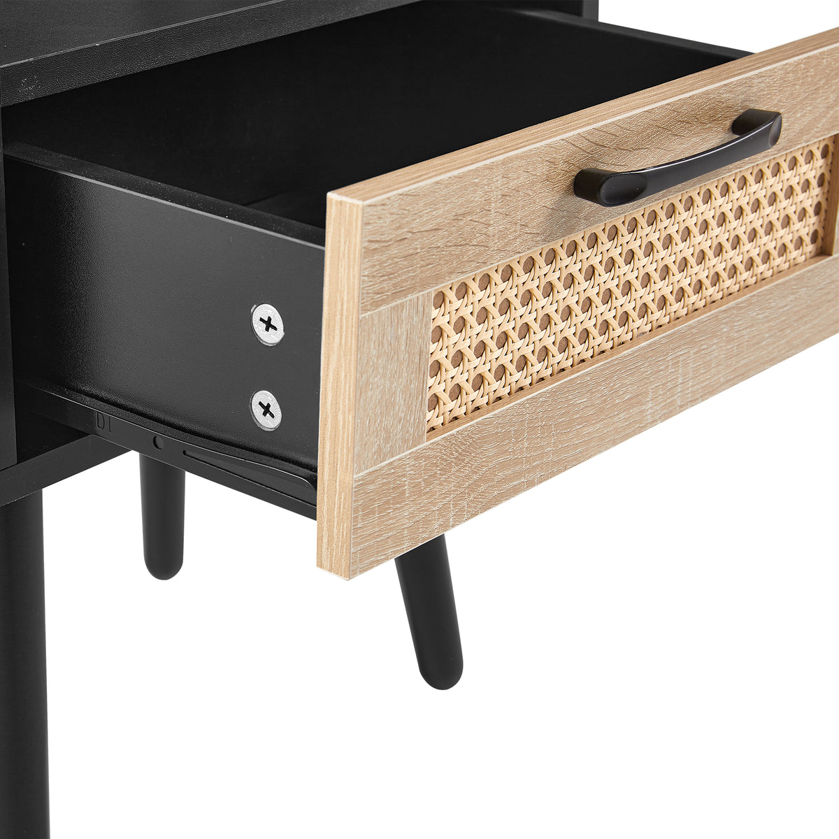 Rattan End Table with Drawer Black Legs