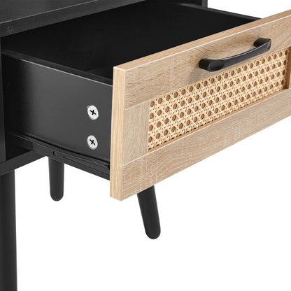 Rattan End Table with Drawer Black Legs