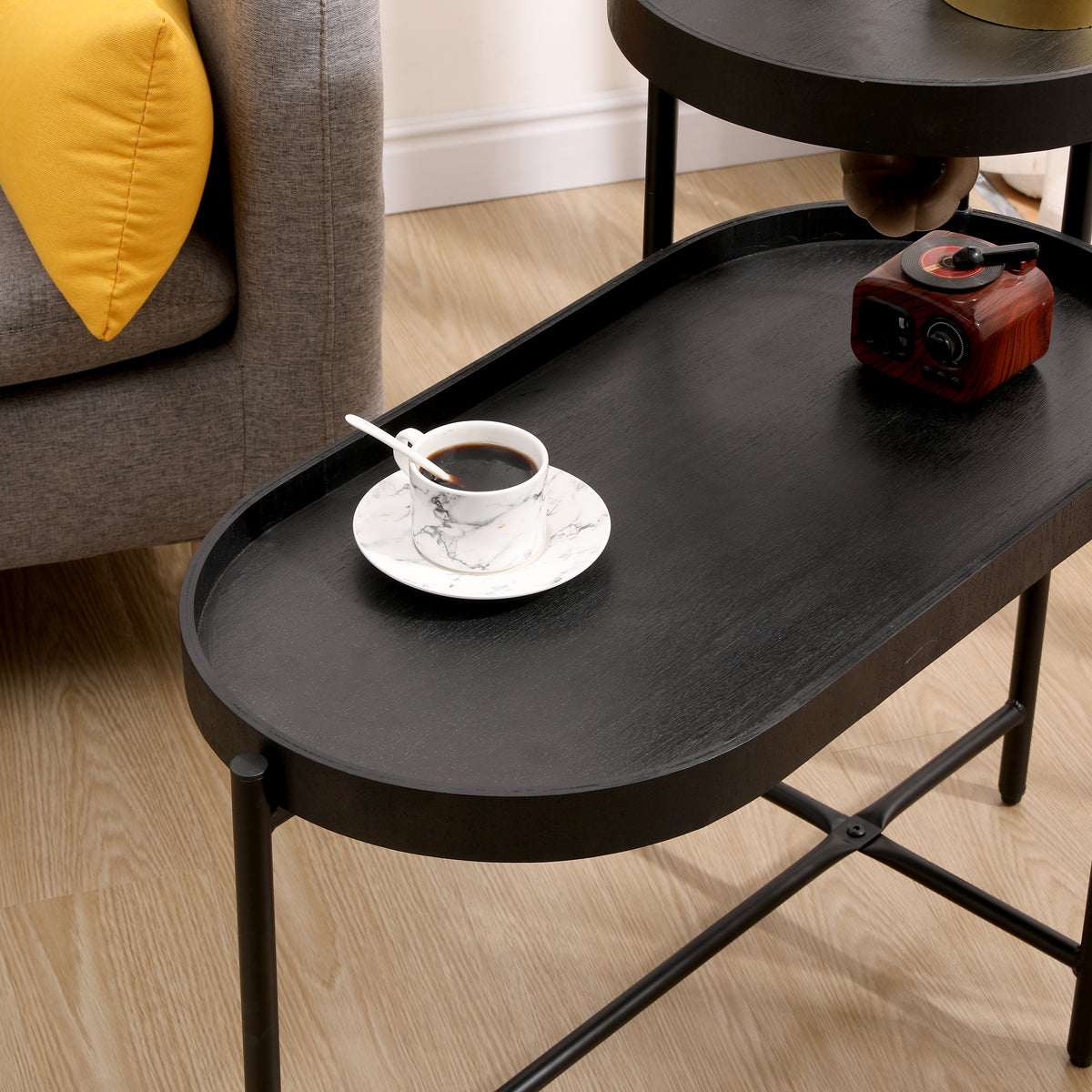 Black End Table with Storage and Metal Frame