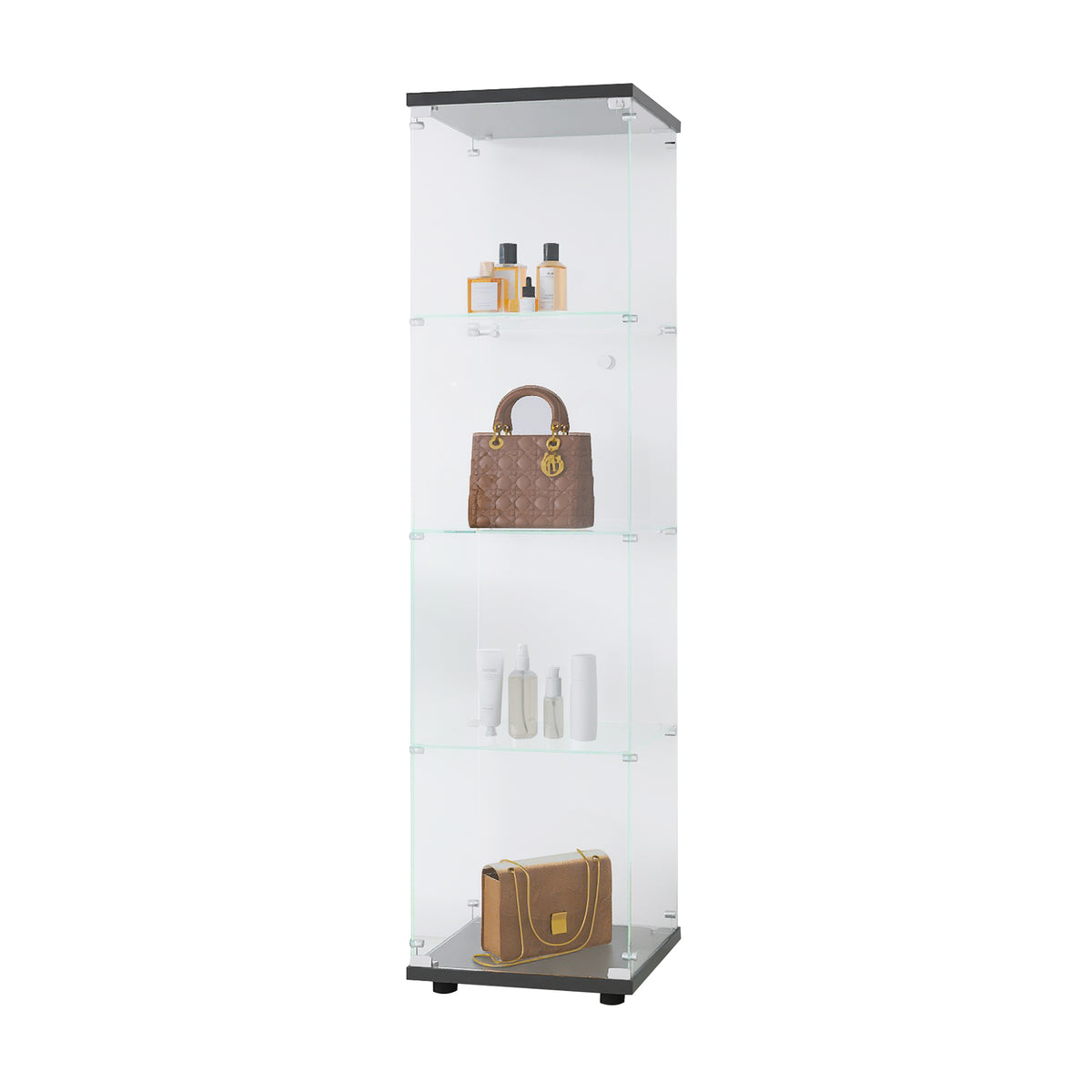 4-Layer Black Glass Display Cabinet with Doors