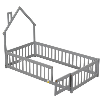 Twin House Bed with Fence Gray