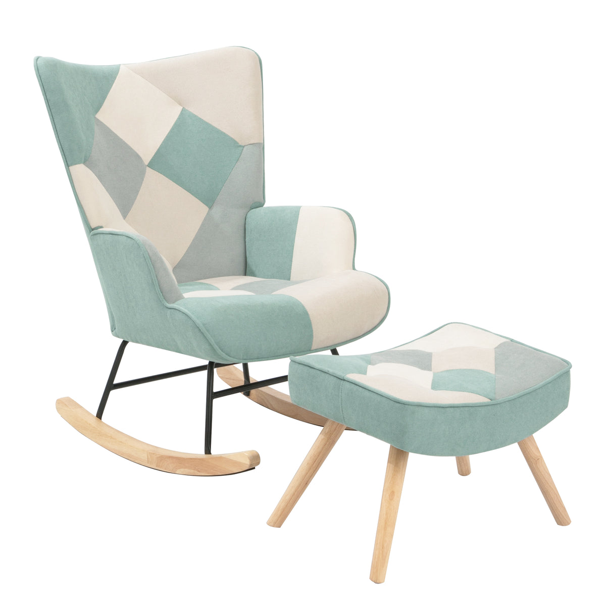 Mid-Century Patchwork Rocking Chair with Ottoman – Linen Fabric