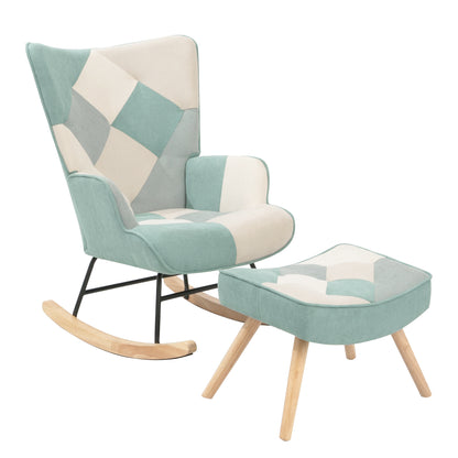 Mid-Century Patchwork Rocking Chair with Ottoman – Linen Fabric
