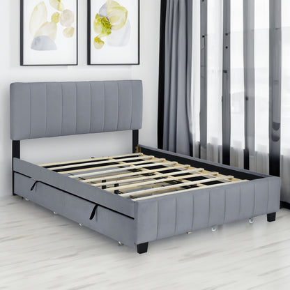 Velvet Upholstered Queen Platform Bed with Trundle Gray
