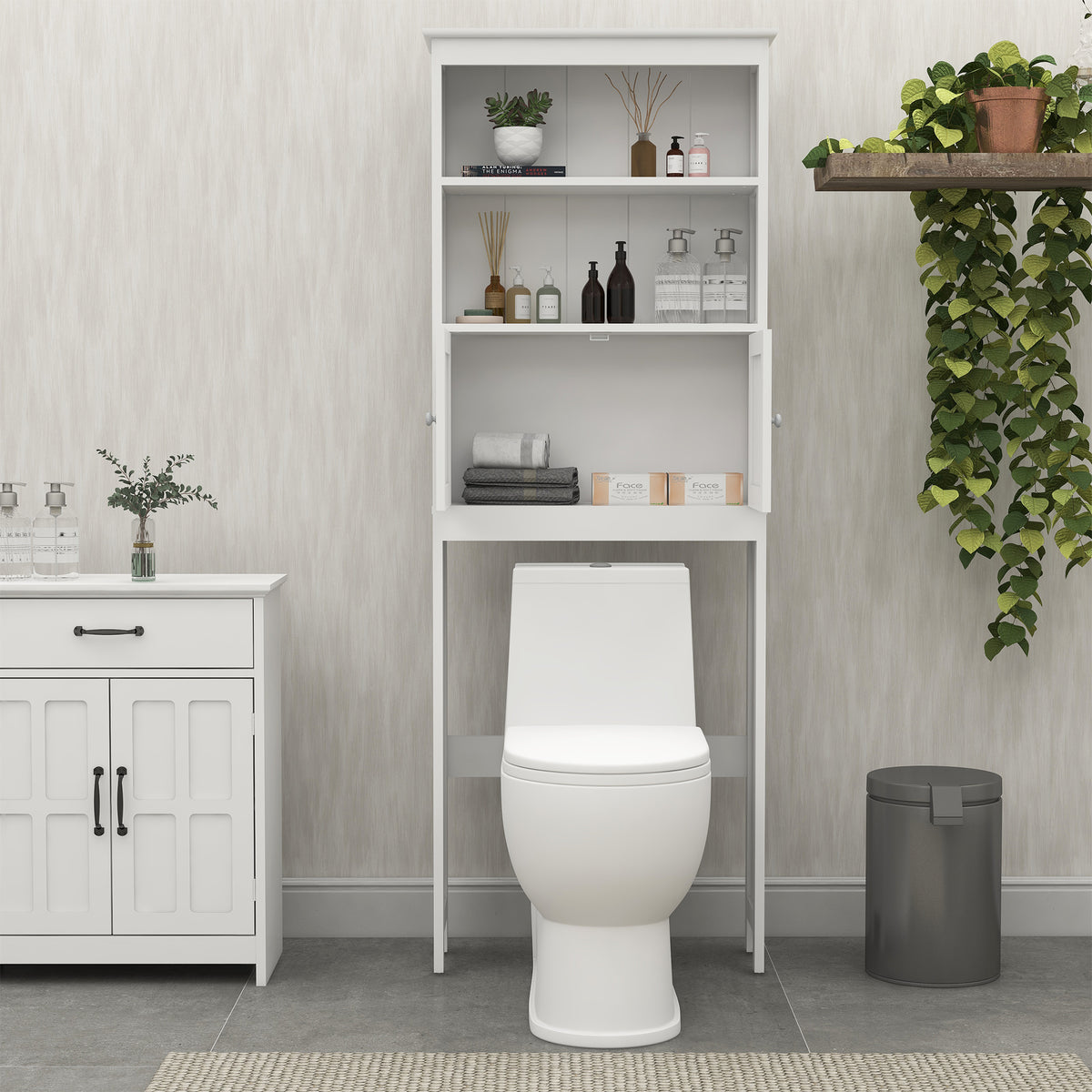 2-Tier Over-Toilet Storage Cabinet – Wood Finish Bathroom Spacesaver with 2 Doors