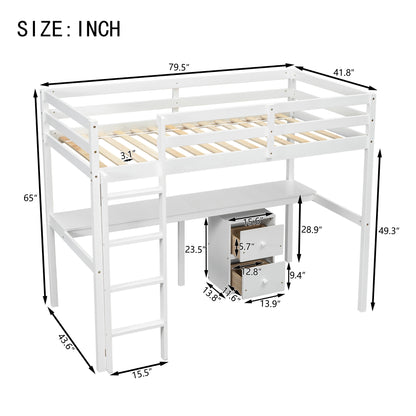 White Twin Loft Bed with Storage & Ladder