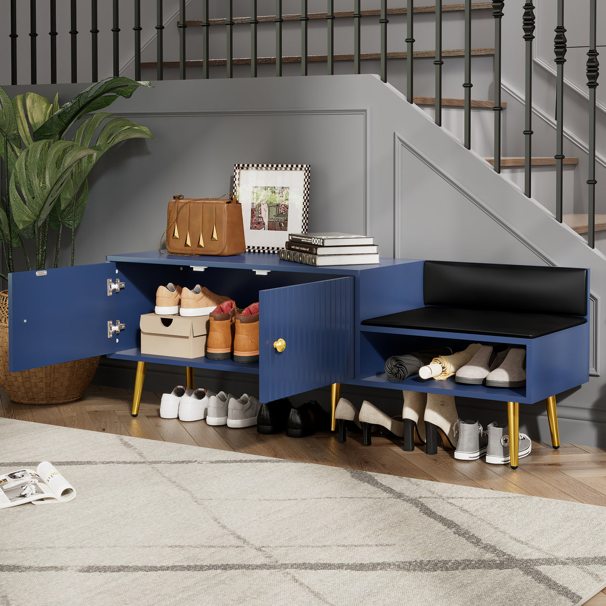 Modern Hidden Storage Bench Navy Upholstered Seat